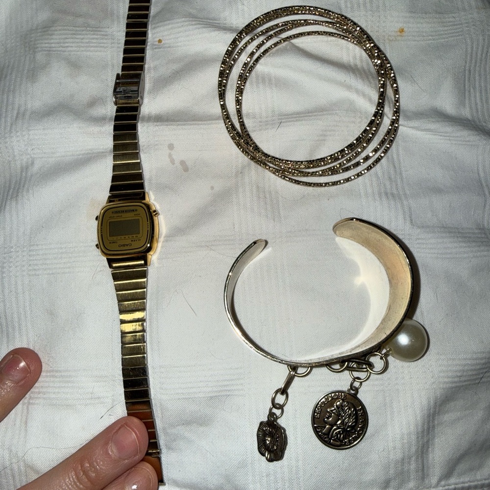 Gold Tone Casio Digital Watch + gold bangles coin bracelets bundle set